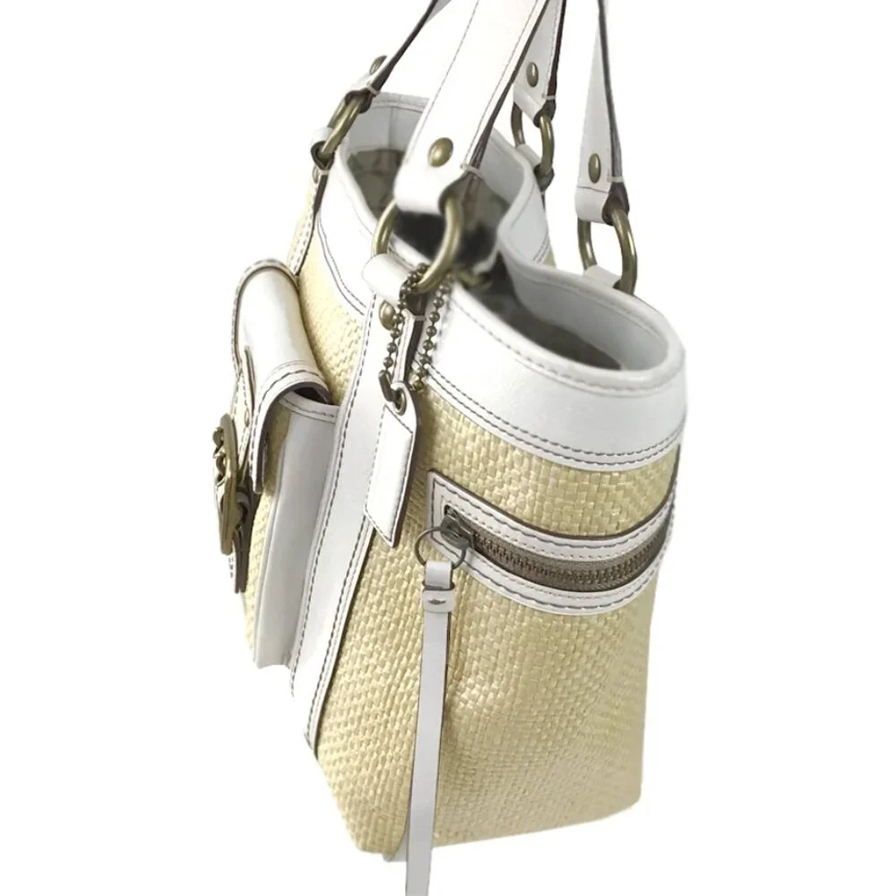 Coach Legacy Vintage White & Straw Satchel Tote Handbag